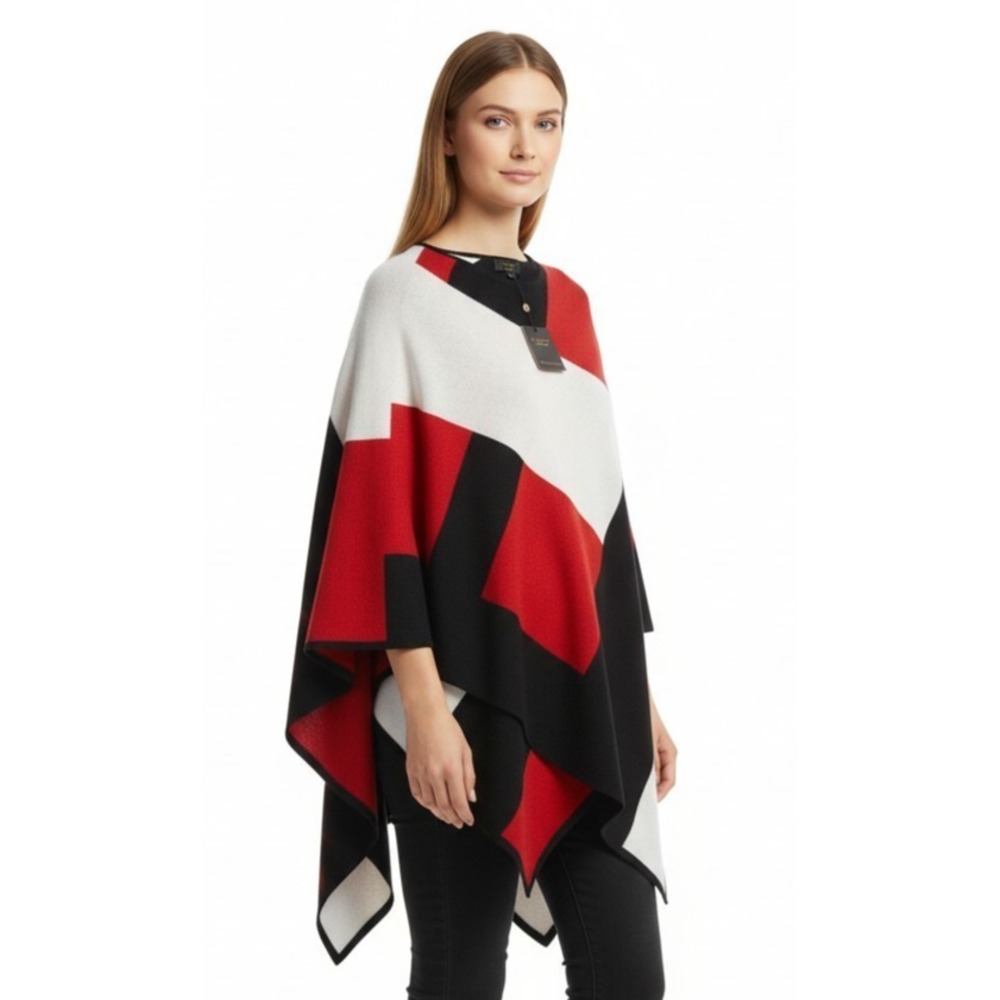 Charter Club Luxury 100% Cashmere Poncho Red Black White Colorblock One Size NWT